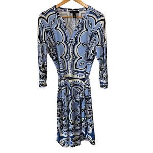 INC International Concepts Deep V Geometric Wrap Dress 12 Blue Black Belted